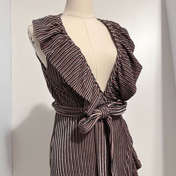 MISA Stripe Velvet Ruffle Wrap Midi ‘EVE’ Dress M Plunged V Neck Fairy Romantic - Picture 10 of 14